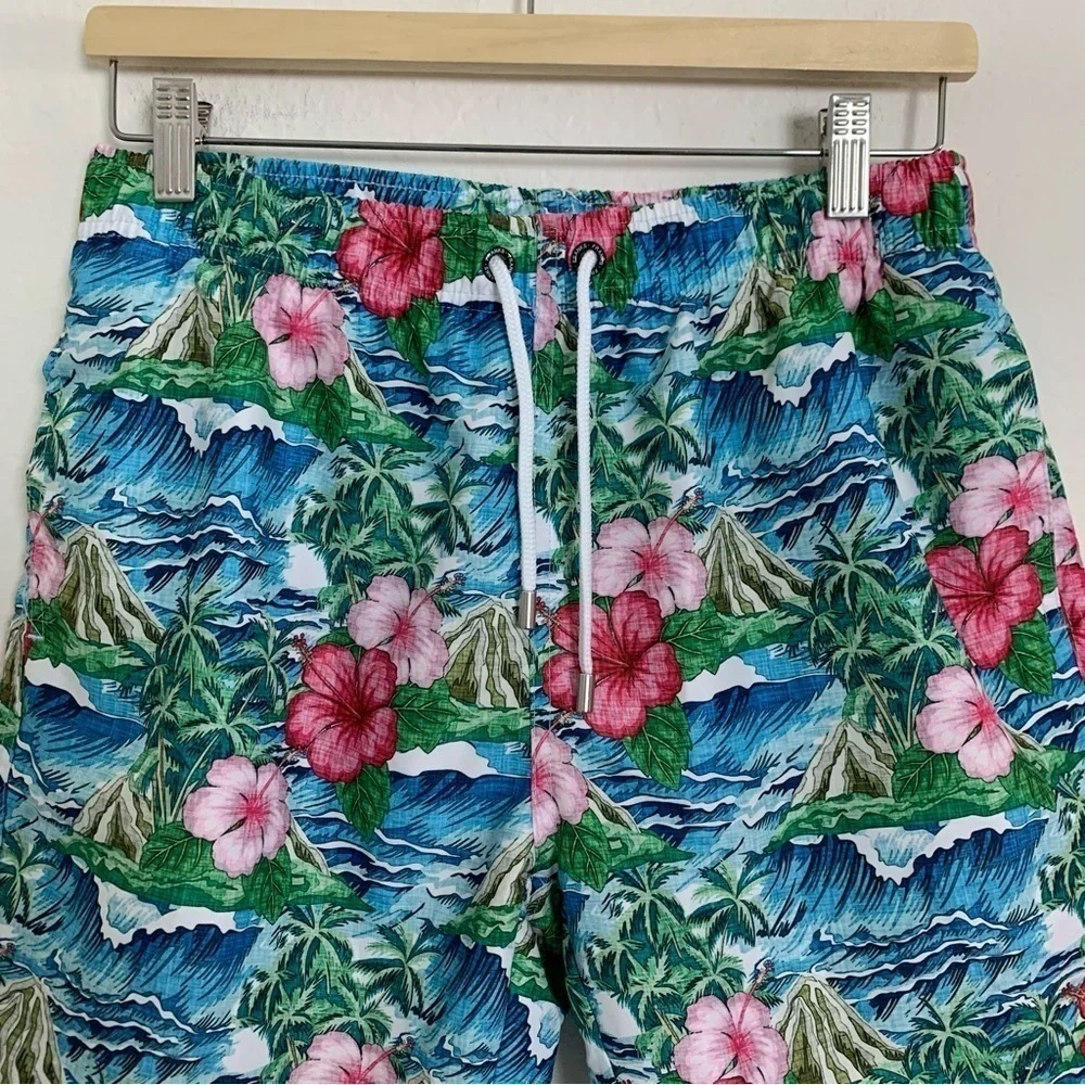 Franks Swim Trunks Mesh Lined Men’s M Pockets Boardshorts Logo Hibiscus Aloha